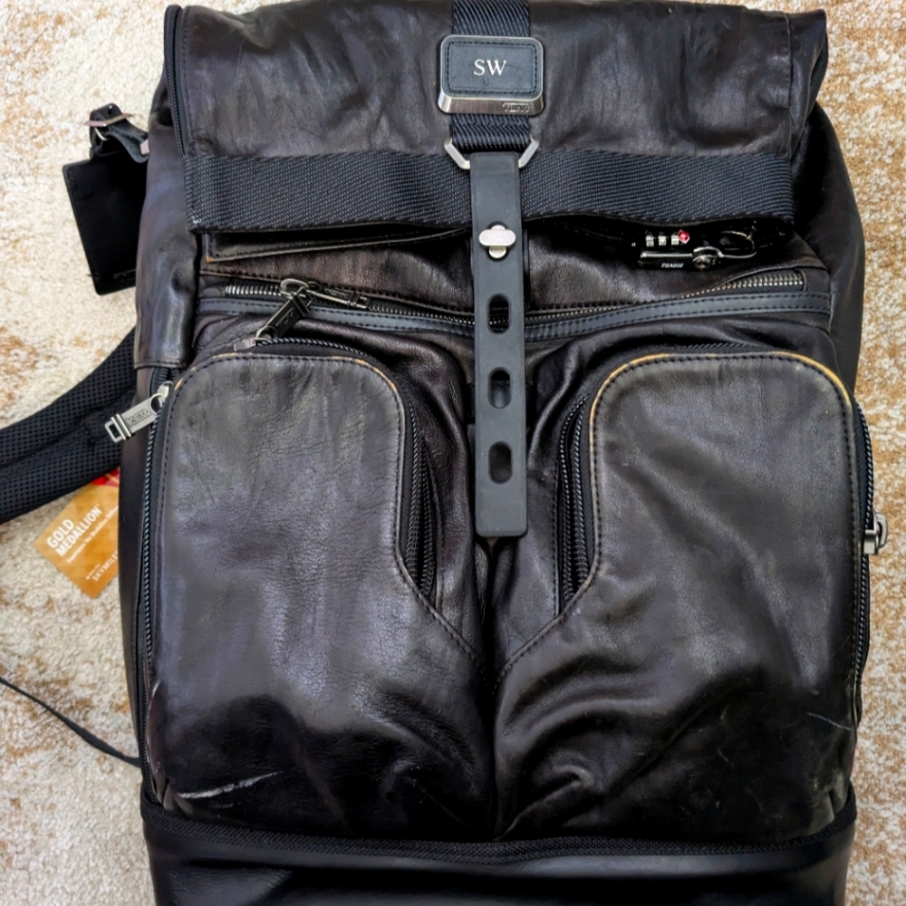 Tumi Alpha London Leather Roll Top Bookbag